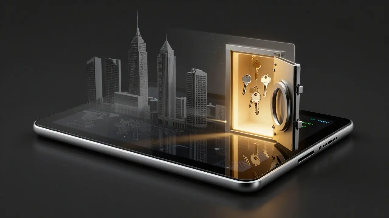 Obsidian tablet trading device with cold storage vault imagery, reflecting global financial centers in its surface.