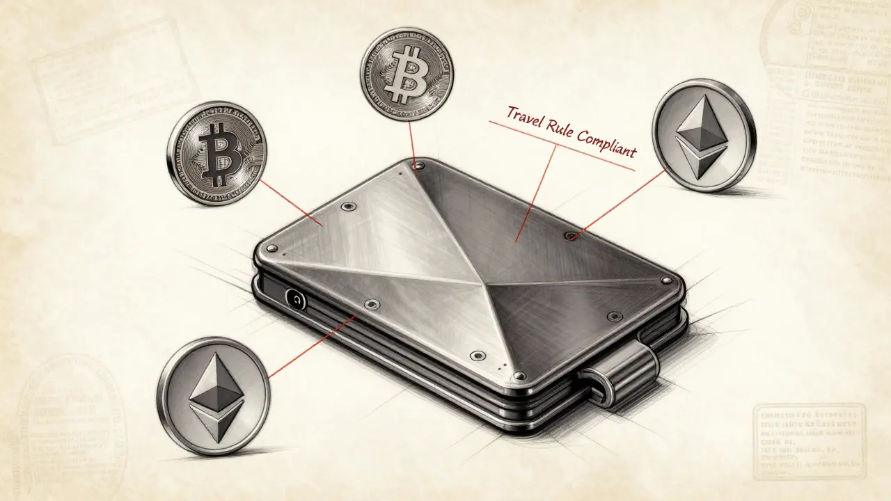 Secure cold wallet design with compliant crypto icons and Travel Rule connections