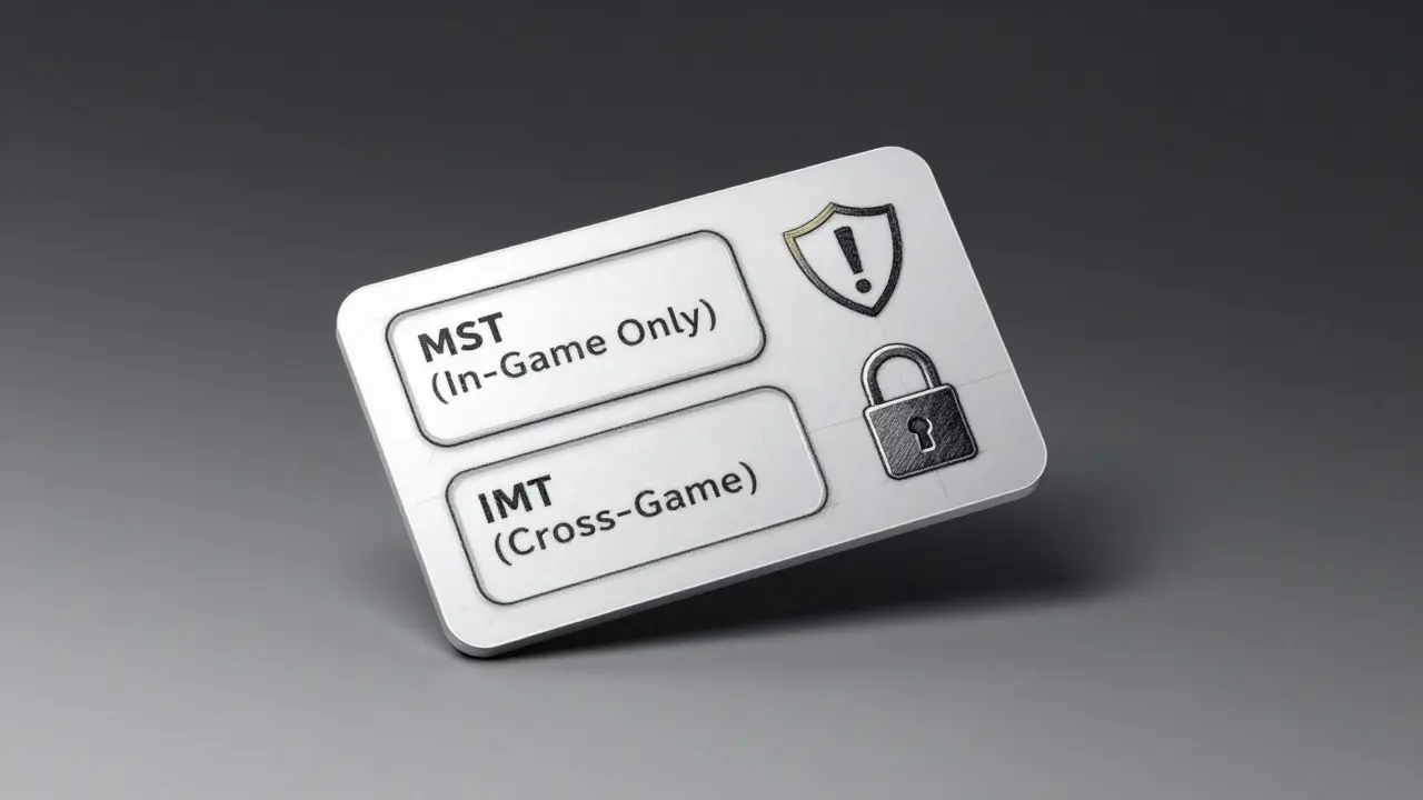 Security card design showing MST and IMT slots with warning symbol and padlock, rendered in technical pen strokes.