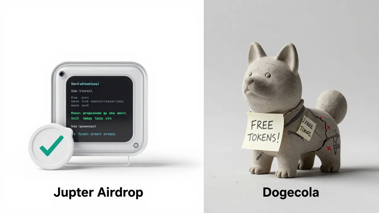 Side-by-side sketch: real airdrop prototype vs. crumbling Dogecola figurine.