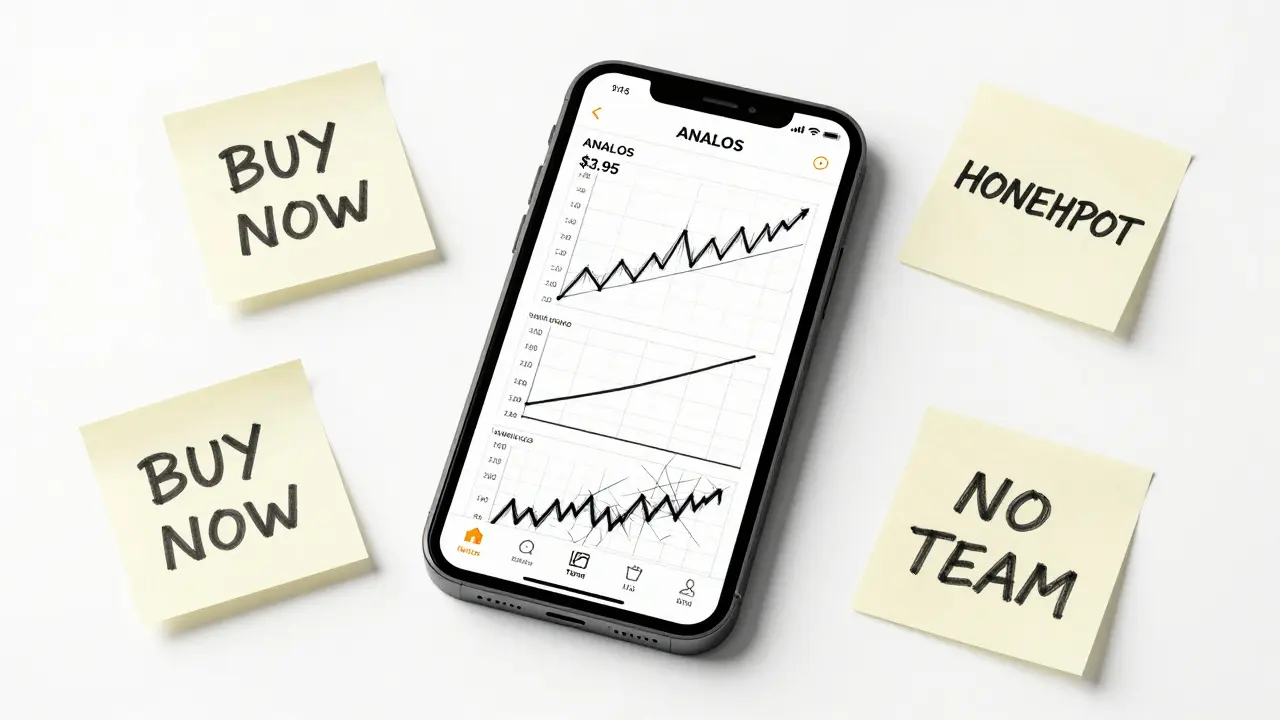 Smartphone screen showing three wildly different ANALOS price charts amid warning notes.