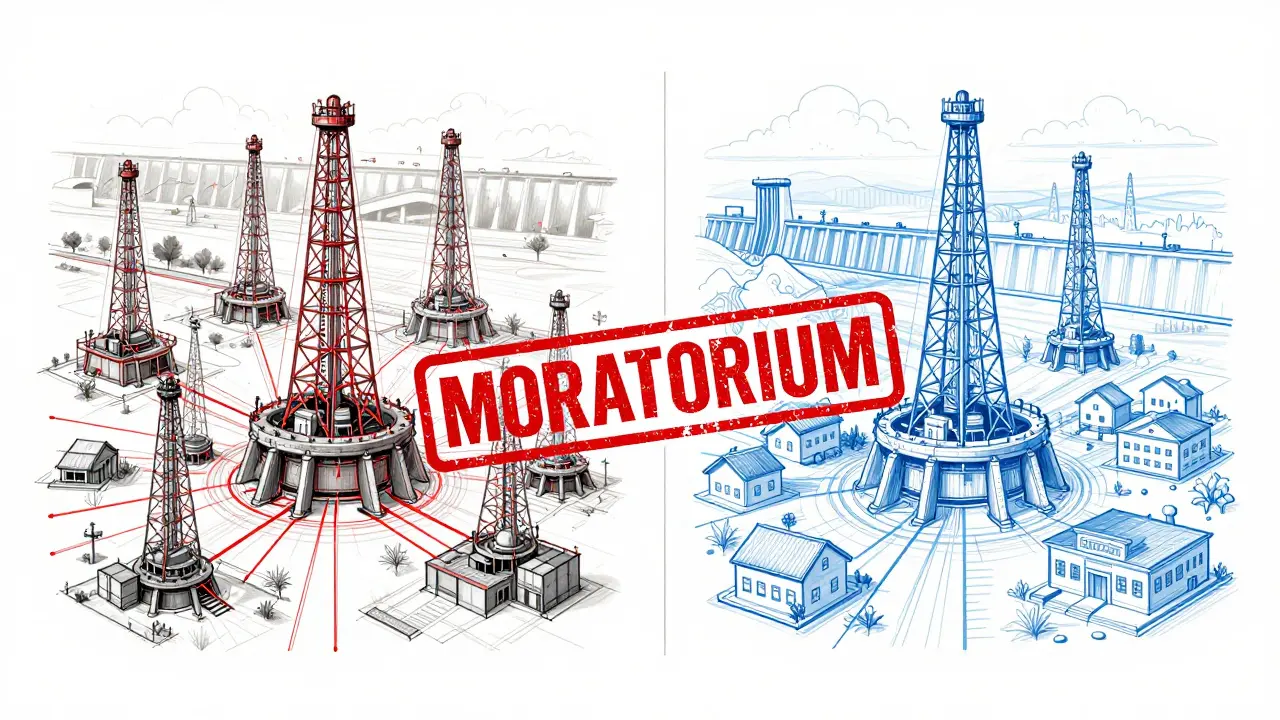Split diagram showing energy diverted from homes to mining rigs under moratorium.