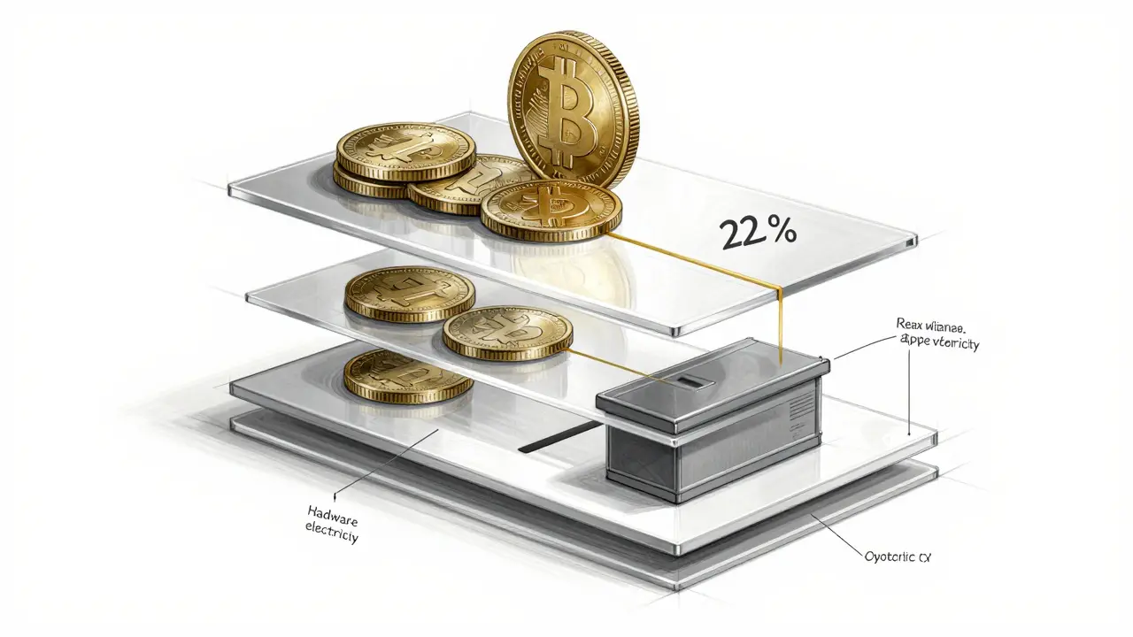 Technical sketch of a miner’s income and tax deductions as layered financial components.