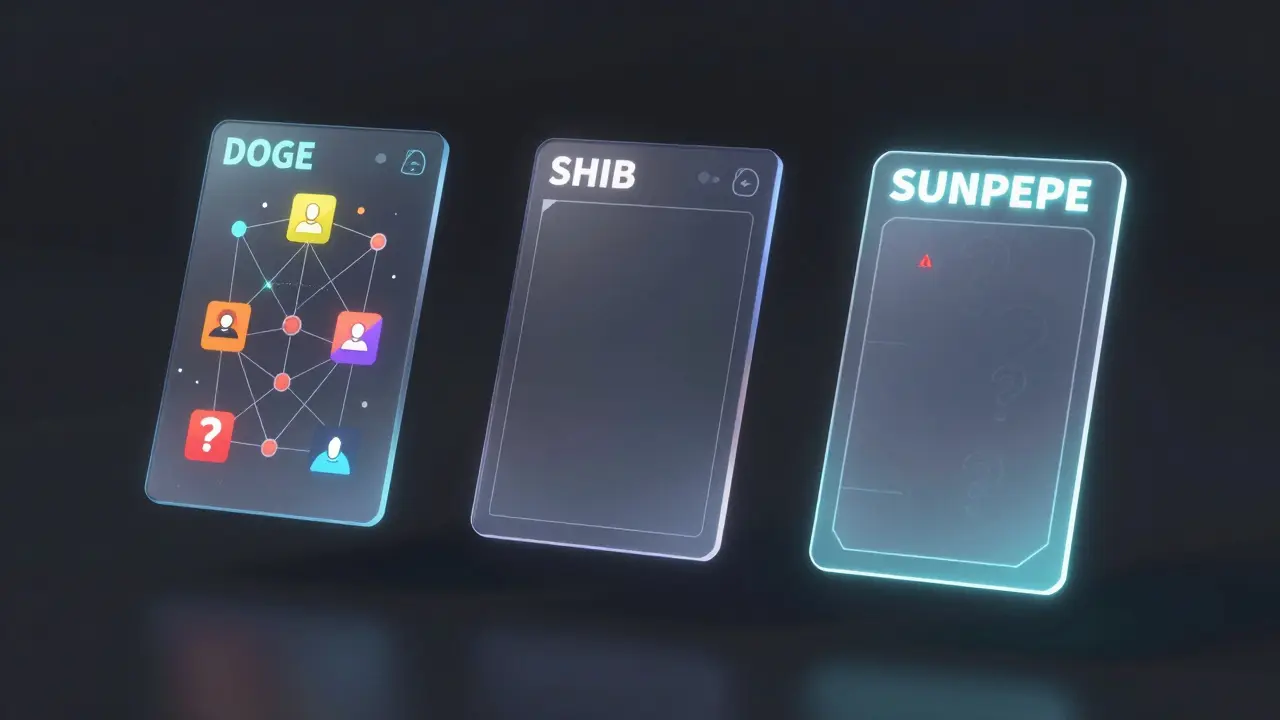 Three floating token interfaces: DOGE and SHIB detailed, SUNPEPE blank and flickering with warning symbols.