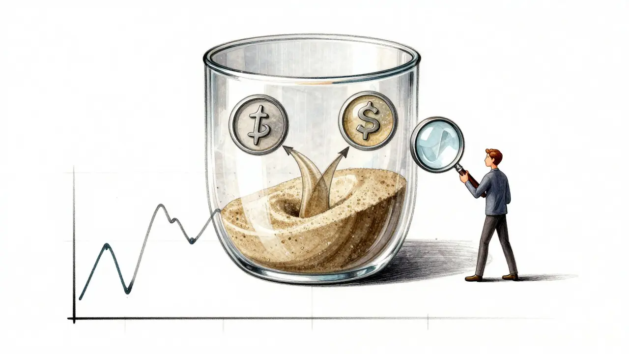 Transparent container with shifting sand representing ETH and USDC, rebalancing arrows, and price curves.