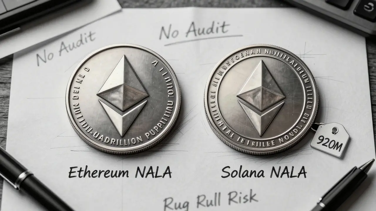 Two crypto token prototypes side by side, one with massive supply, one small, on a drafting table.