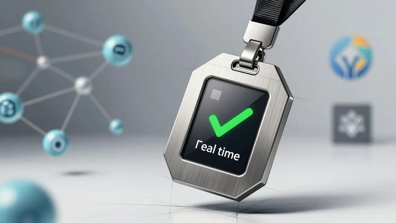 Wearable hexagon compliance badge with digital status display in brushed titanium.