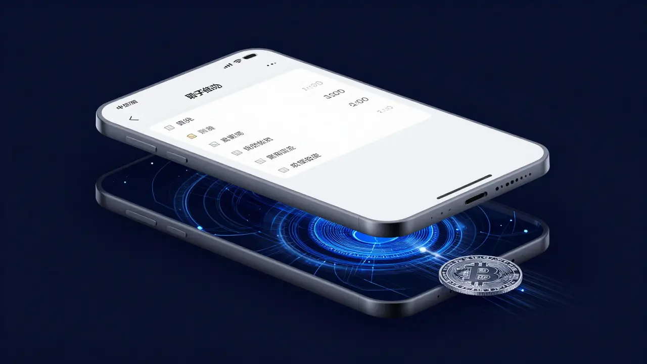 A dual-layered digital yuan interface revealing hidden Bitcoin transactions beneath its surface.