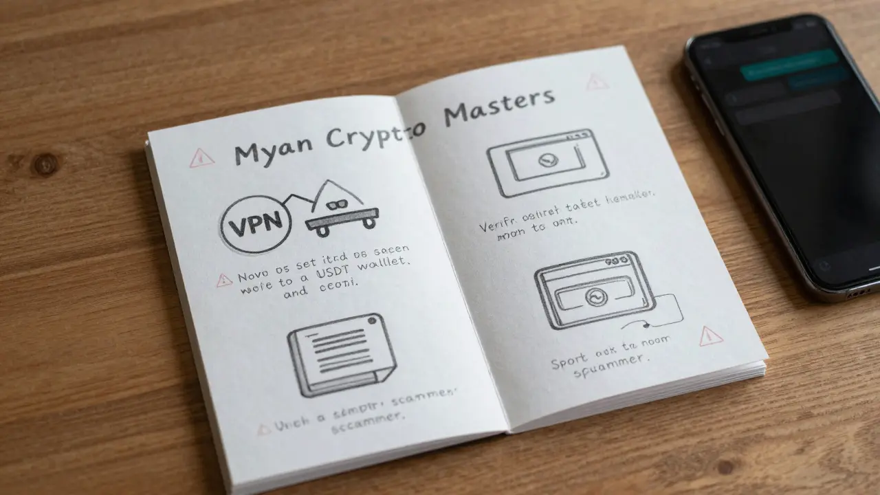 A folded guidebook shows how to use VPNs and spot scams, beside a glowing phone.