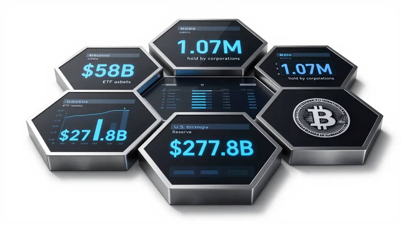 A futuristic institutional dashboard with real-time crypto metrics displayed on hexagonal panels.
