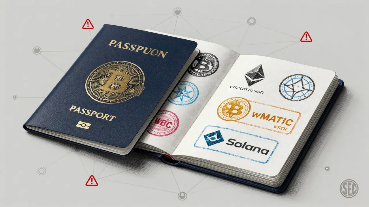 A futuristic passport with blockchain stamps, showing wrapped assets and custodian warnings.