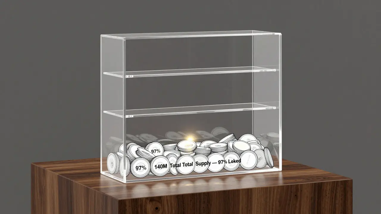 A transparent holder showing only 3 million glowing tokens out of 140 million total supply.