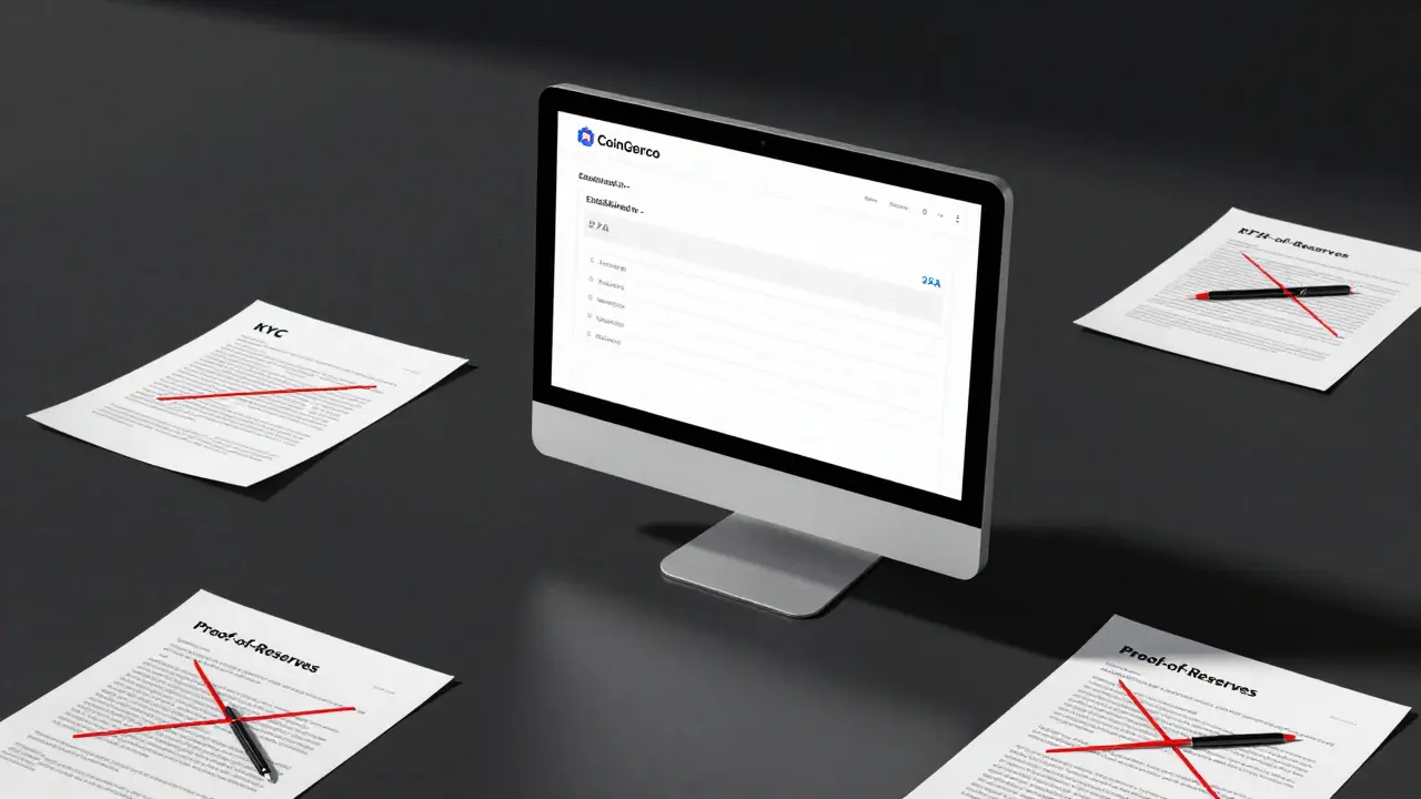 Abandoned computer monitor displaying a blank CoinGecko listing for AUX Exchange, surrounded by crossed-out security documents.