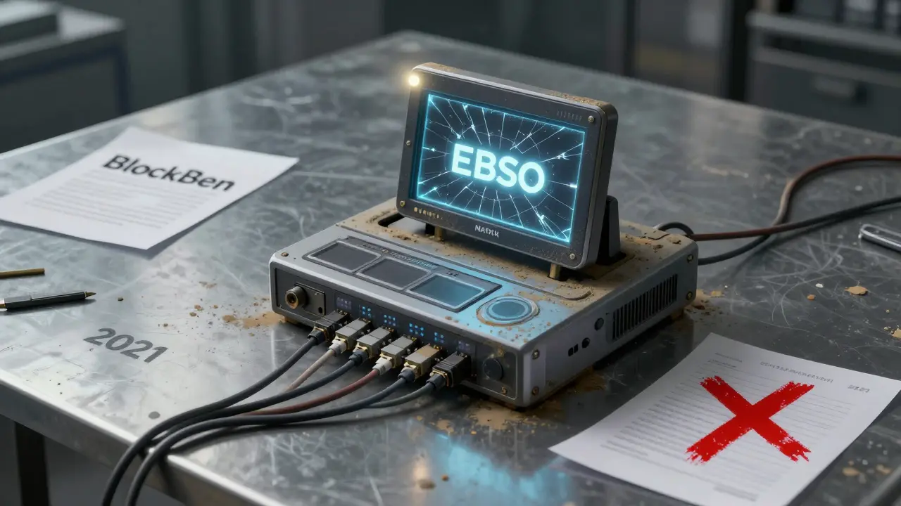 An abandoned blockchain validation device with disconnected cables and a flickering EBSO logo on a cracked screen.
