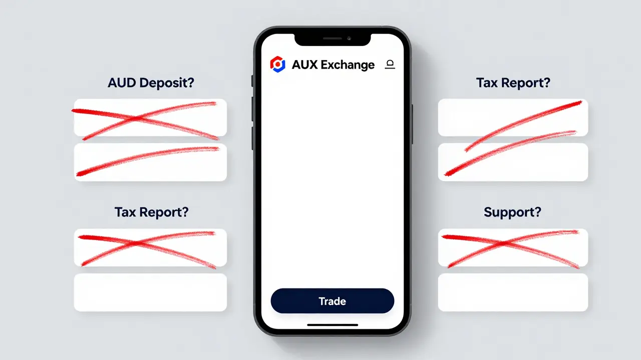 Blank mobile app wireframe for AUX Exchange with crossed-out features like AUD deposit and tax reporting.