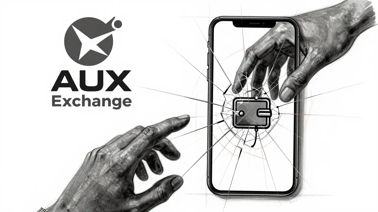 Cracked phone screen showing fake AUX Exchange logo next to a legitimate one, with shadowy hands reaching for a disconnected wallet.