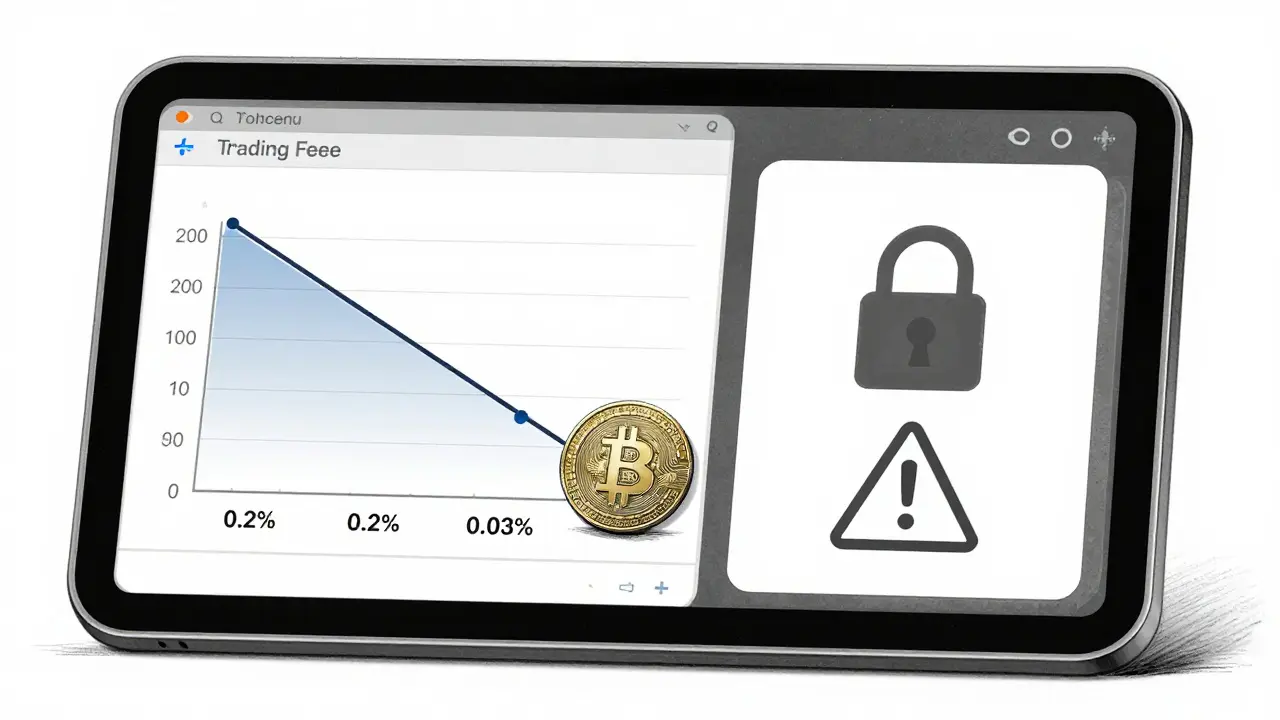 Crypto portfolio tablet showing fee reduction from 0.2% to 0.03% with GT token insertion, sketched in ink wash.