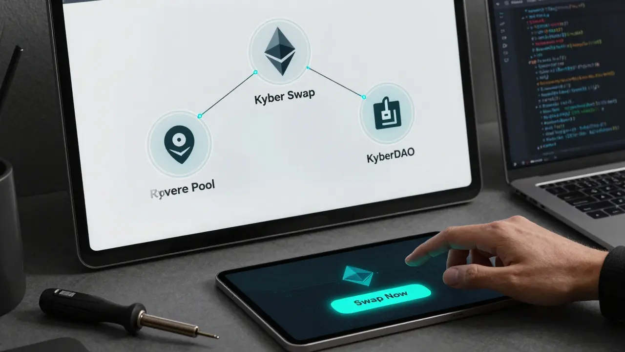 Developer using a tablet to initiate a Kyber swap, with blockchain nodes visible in background.