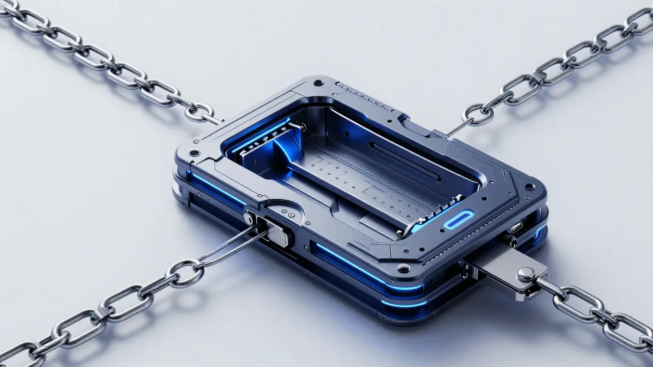 Digital wallet with mechanical chains draining funds