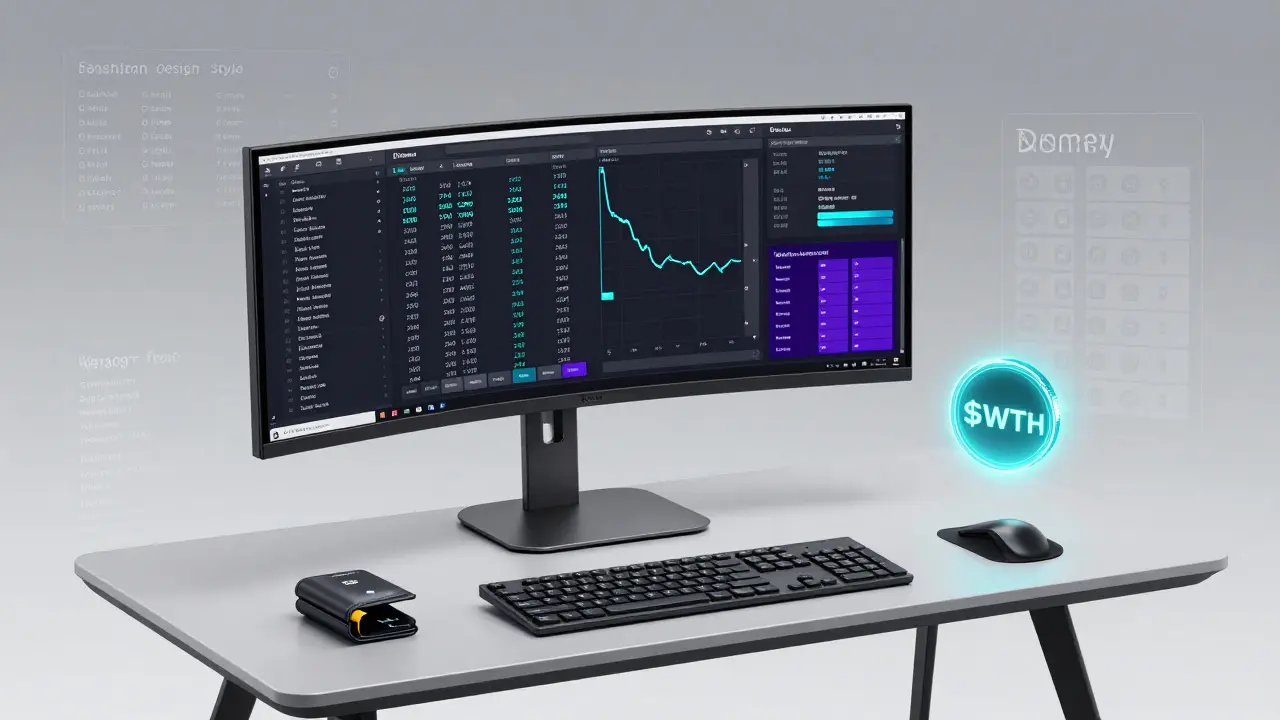 Ergonomic trader workstation with Demex interface, Keplr wallet, and floating $SWTH staking token.