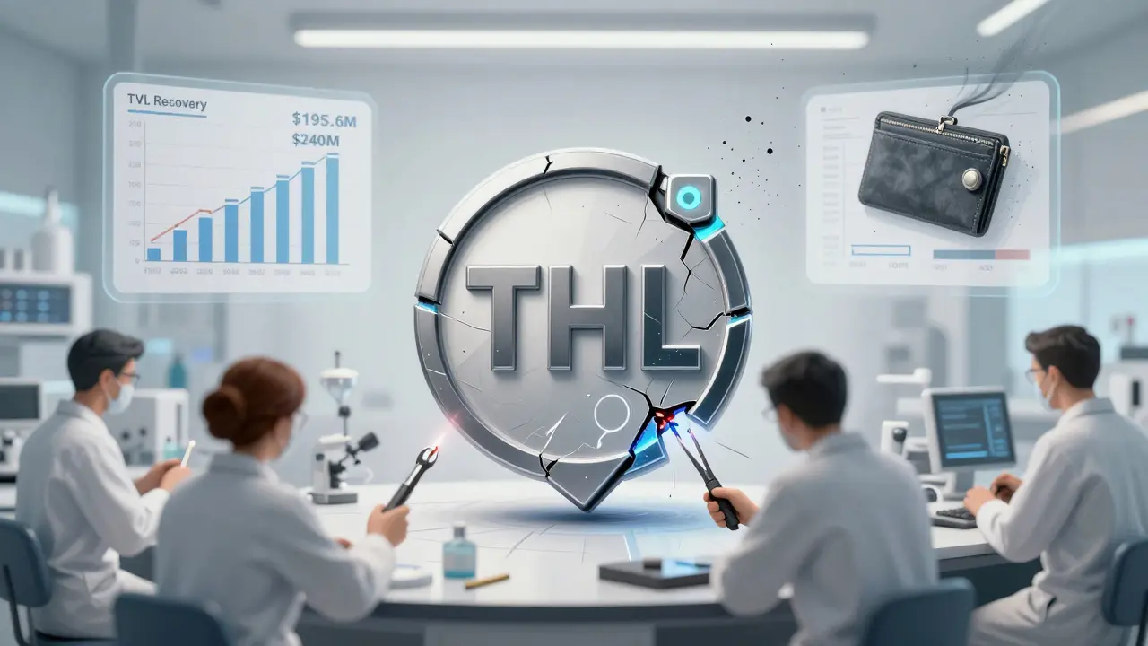 Fractured THL token being repaired by engineers with new security layers, TVL charts rising in background.