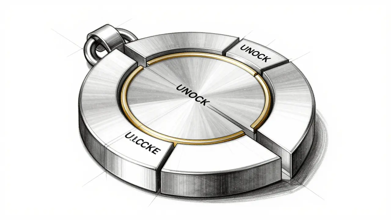 Geometric token with three layered segments for phased distribution.