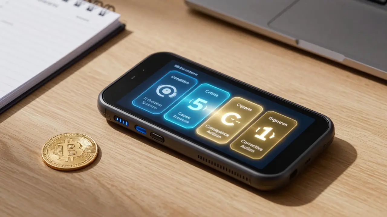 Handheld audit decoder tool displaying the 5 C’s framework with blockchain ledger and Bitcoin token nearby.
