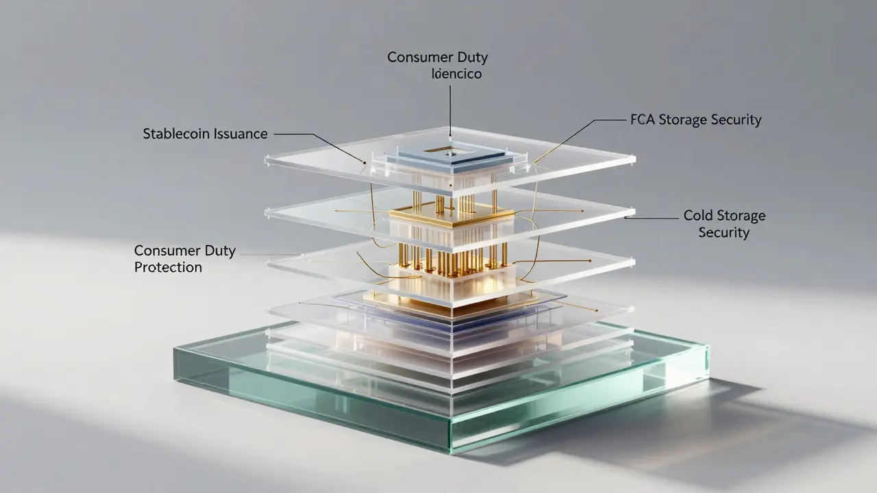 Layered financial ecosystem model showing crypto regulation layers with FCA and Consumer Duty labels.