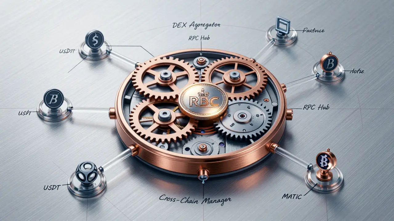 Mechanical clockwork device representing a cross-chain swap engine with labeled gears and flowing crypto tokens.