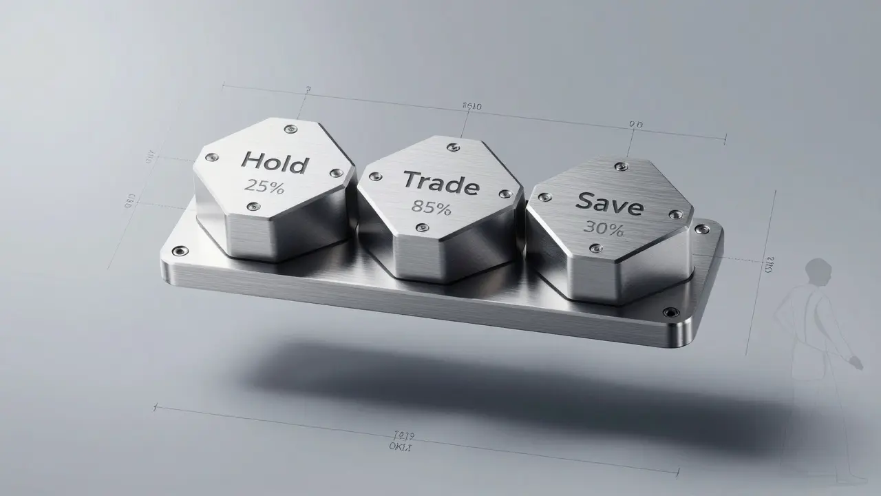 Modular token system with Hold, Trade, Save components engraved with exchange discounts on aluminum base.