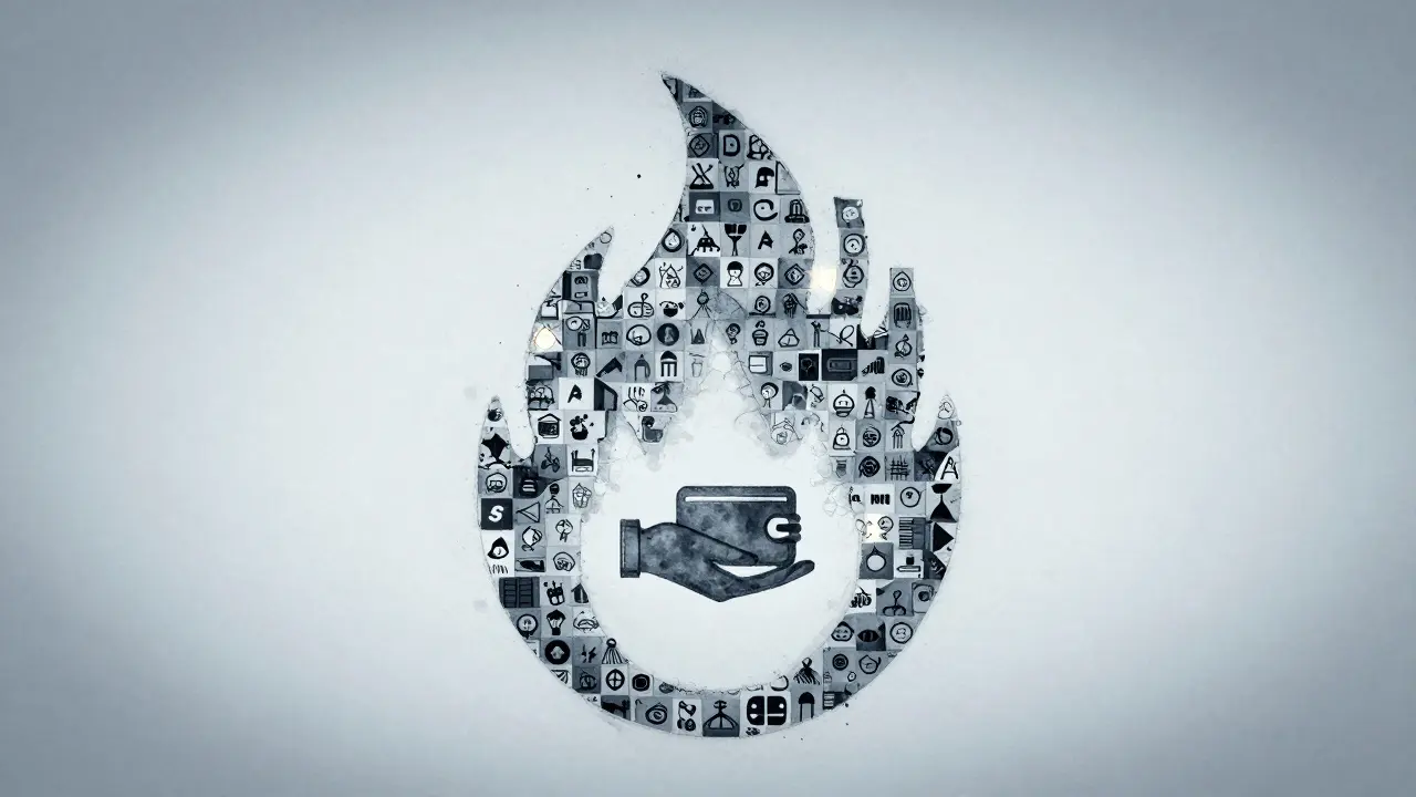 Mosaic of 349,000 token icons shaped like a fading flame over the Base network logo.