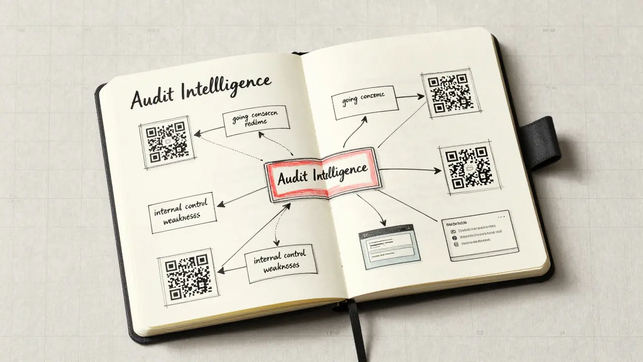 Open notebook with hand-drawn audit flowcharts and embedded QR codes, showing red flags and data structure.