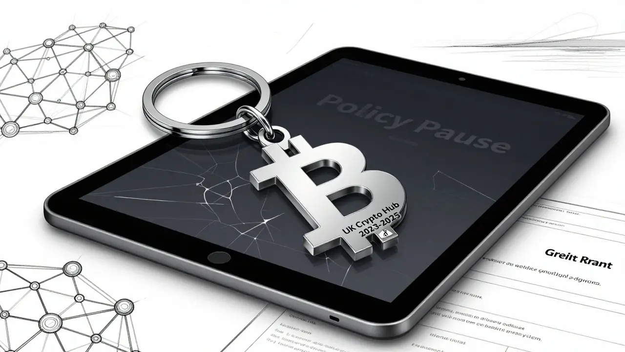 Polished Bitcoin keychain tag with 'UK Crypto Hub 2023-2025' engraving, resting on a cracked screen.