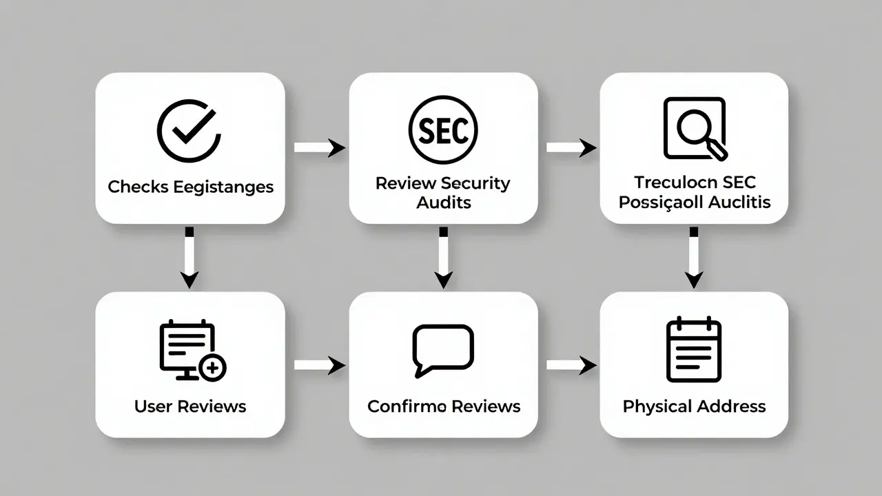 Schematic diagram showing steps to verify a legitimate crypto exchange platform.