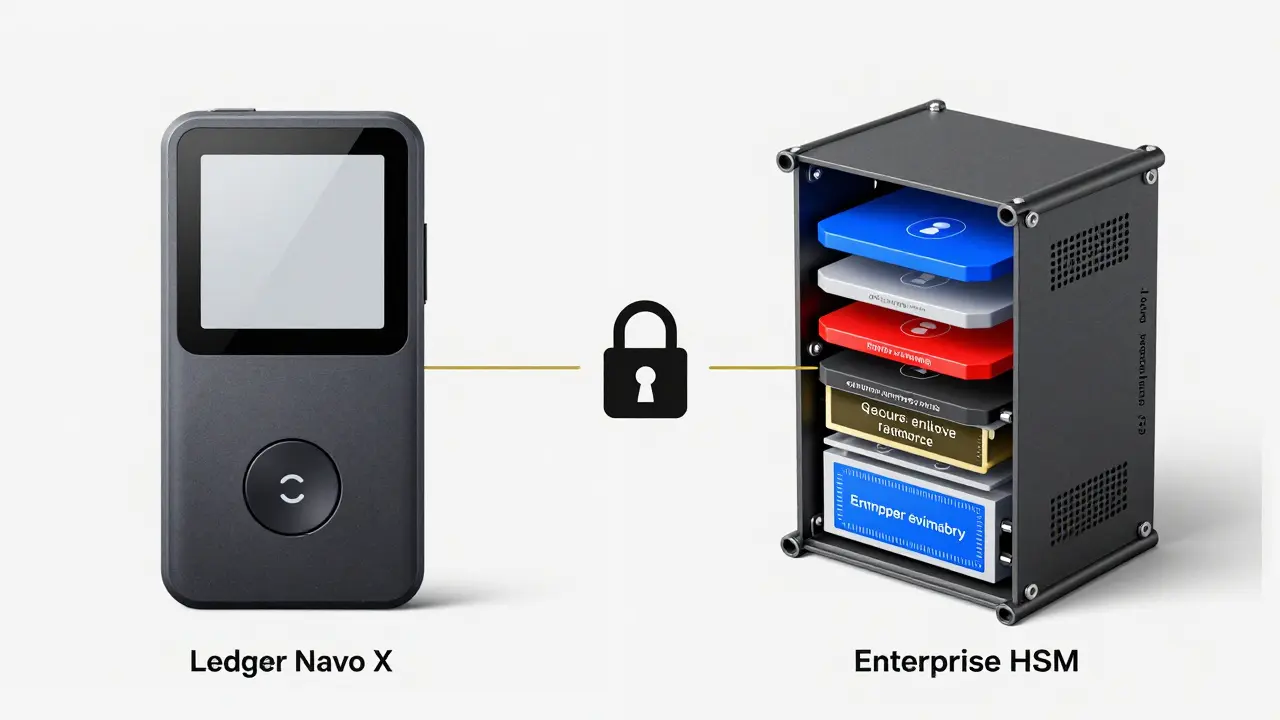 Side-by-side cross-section of a consumer hardware wallet and enterprise HSM, highlighting layered security features.