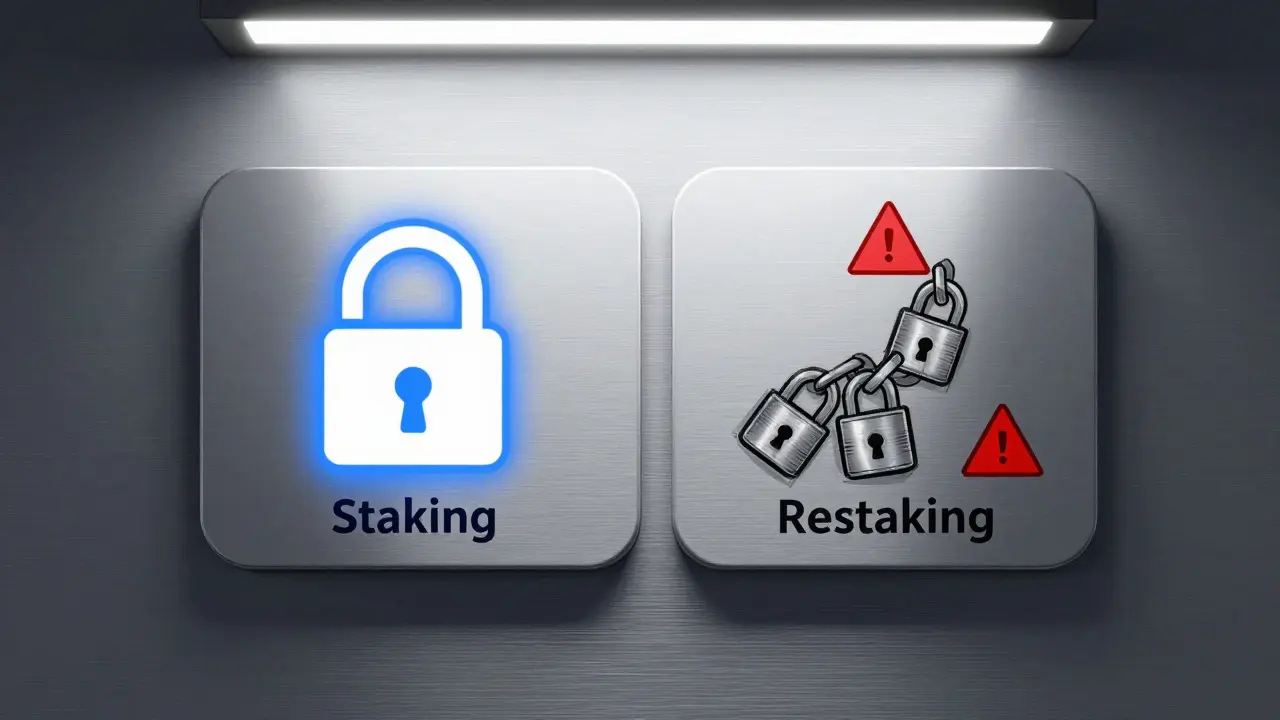 Side-by-side design of staking and restaking interfaces showing simple lock versus complex cascading risks.