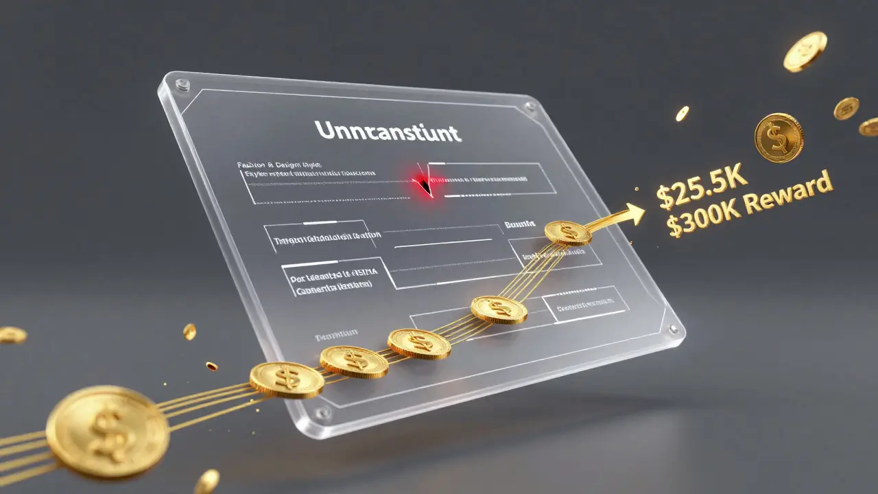 Smart contract blueprint with a red flaw and reversed token flow, symbolizing stolen funds being returned via bounty.