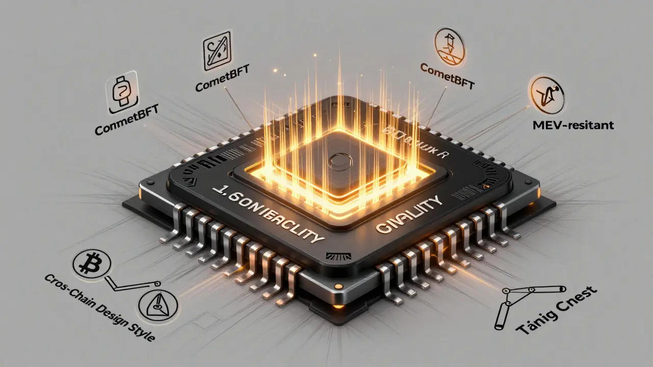 Technical sketch of Carbon blockchain core with block finality pulses and cross-chain asset bridges.