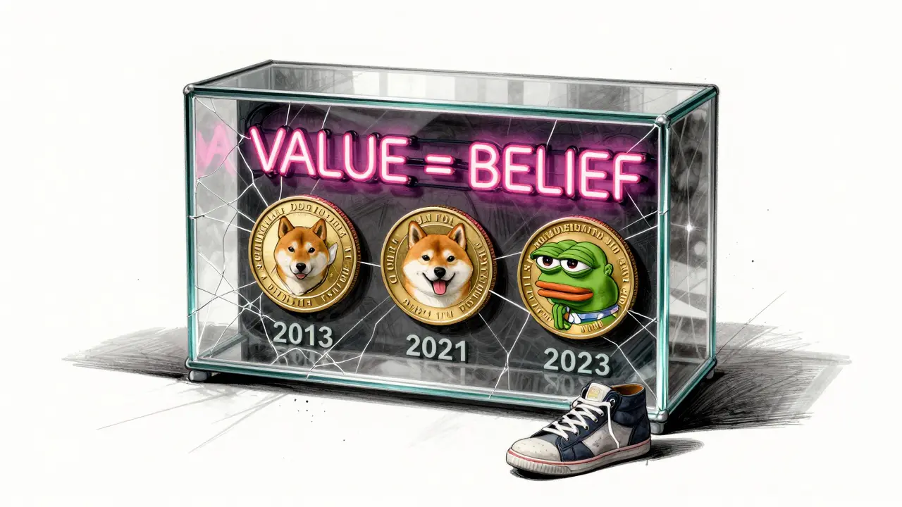 Three memecoins displayed in a cracked glass case under a flickering 'VALUE = BELIEF' neon sign.