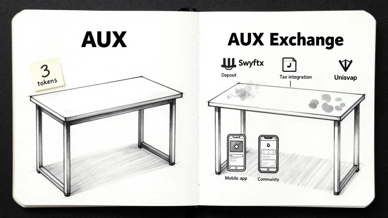 Torn sketch comparing AUX Exchange's empty features to fully detailed competitors like Swyftx and Uniswap.