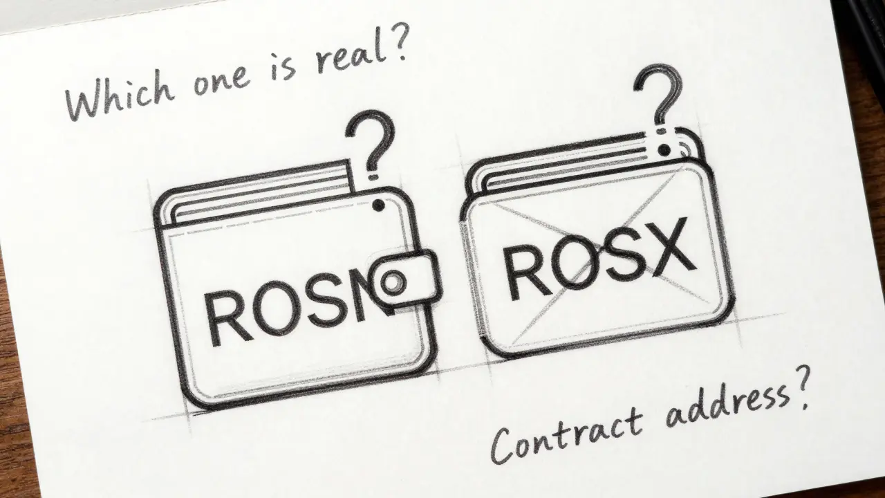 Two conflicting token icons, ROSN and ROSX, with crossed-out lines and annotation notes about contract confusion.