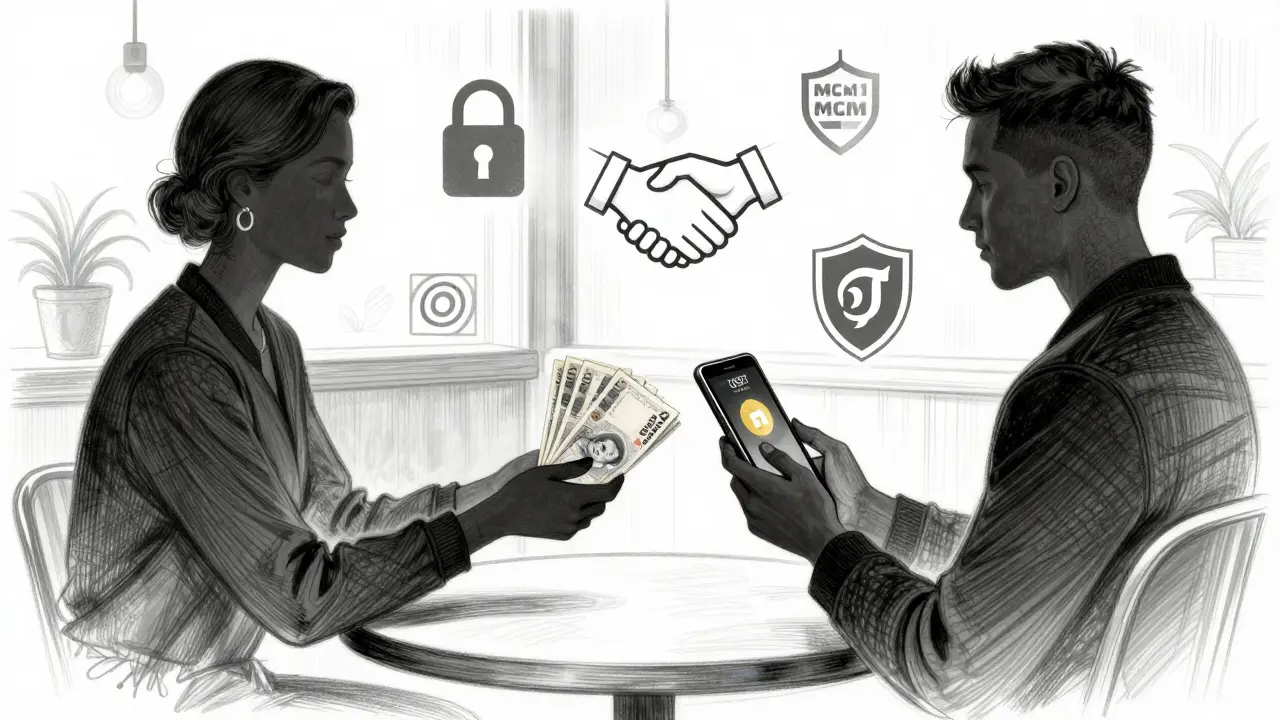Two figures exchange cash for USDT in a café, with abstract symbols of security floating around them.