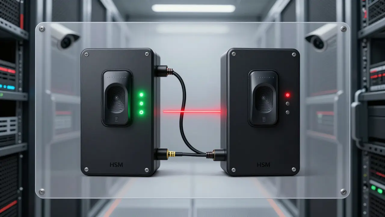 Two HSM units in a secure vault, one active and one offline, with biometric scanners and alarm indicators.