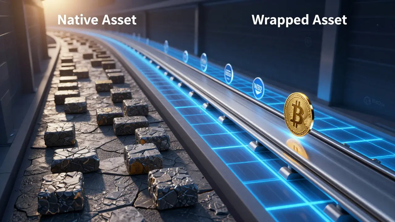 Two parallel paths: one slow and rugged for native Bitcoin, one fast and neon for wrapped assets on Ethereum.