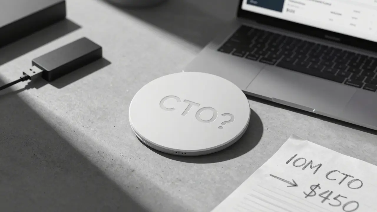 Unfinished CTO token prototype on a dusty desk with a dead USB and low-volume crypto chart.