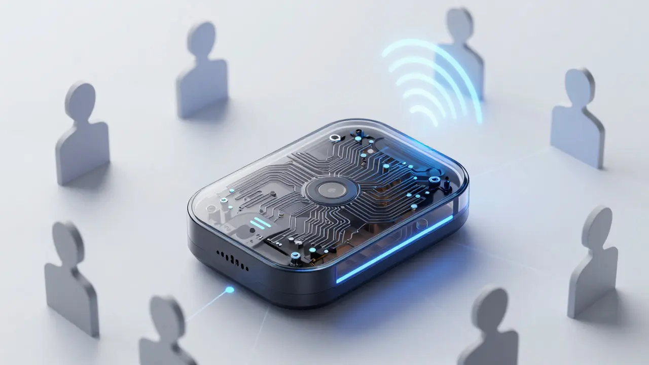 WiFi hotspot device emitting wireless signal waves with user silhouettes.