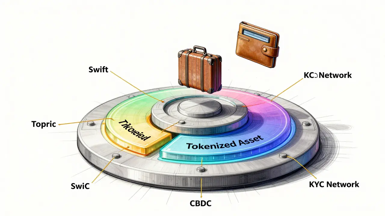 A circular payment hub with interlocking networks for CBDCs, Swift, and KYC systems.