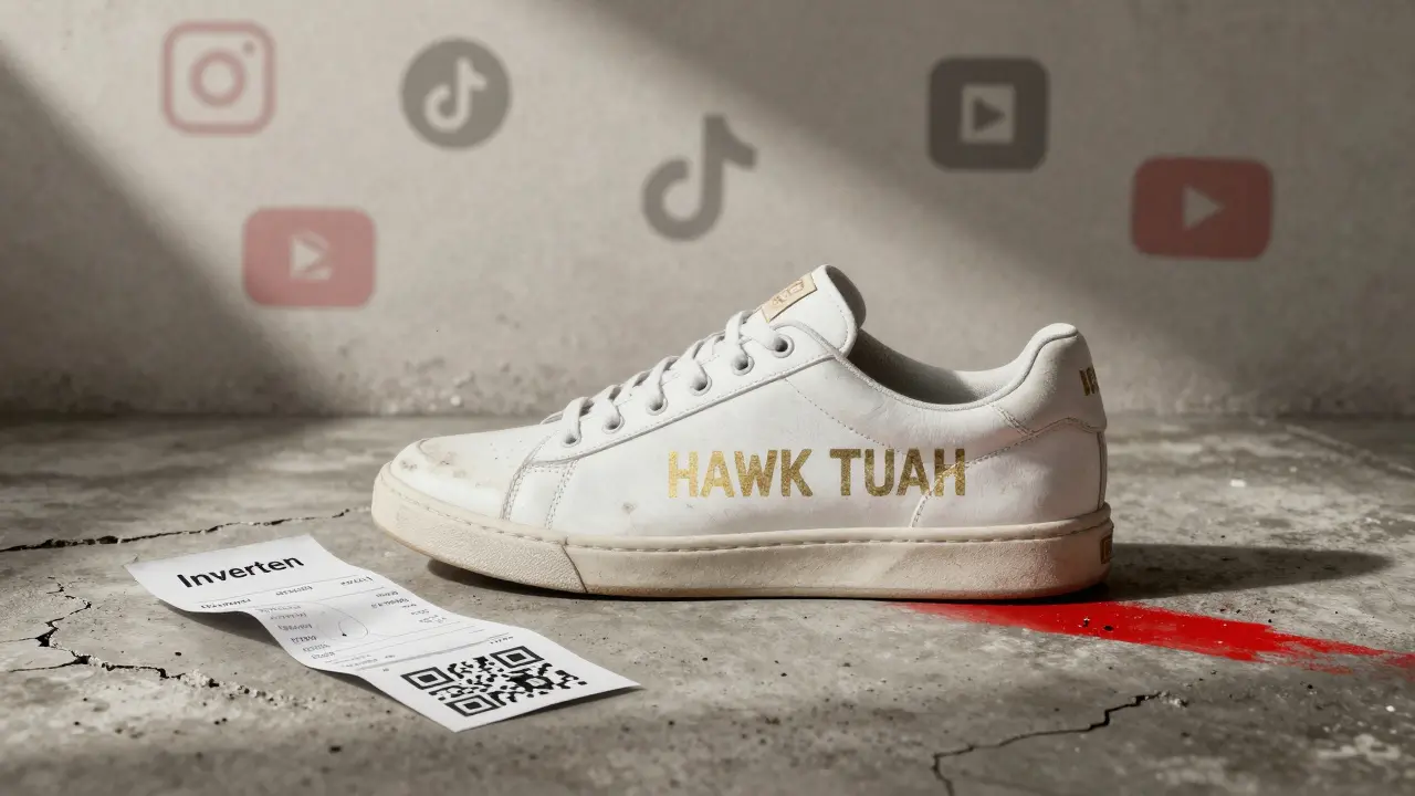 A faded 'Hawk Tuah' sneaker beside a shredded receipt and deactivated QR code on cracked concrete.