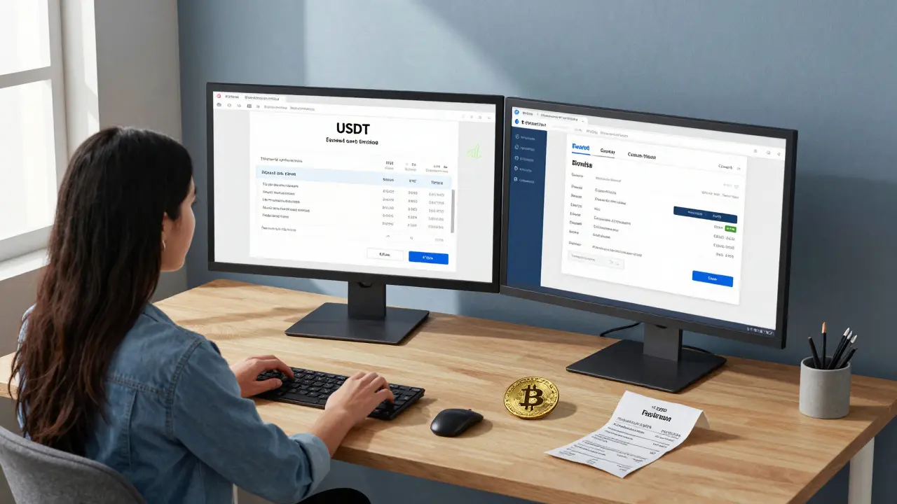 A freelancer in Quito facing a bank rejection notice while working with crypto invoices.