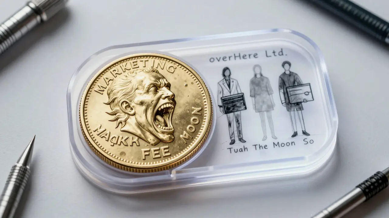 A half-filled coin mold with gold labeled 'marketing fee' and shadowy figures holding scammer wallets.